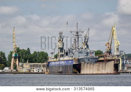 Gdynia, Pomerania Region / Poland - 2019: Warship Of The Polish Navy Frigate Orp Kosciuszko In The D