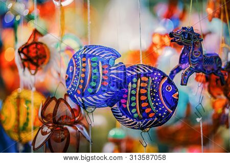 Colorful Of Tradition Lanterns Hanging On Street In Chinatown  Lantern Market, Saigon, Vietnam. Many