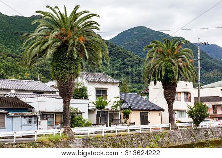 View Of The City Of Beppu Colorful Mountains And The Old Promenade. Japan, Kyushu Island