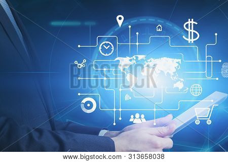 Unrecognizable Businessman Looking At Smartphone In City With Double Exposure Of Online Payment Inte