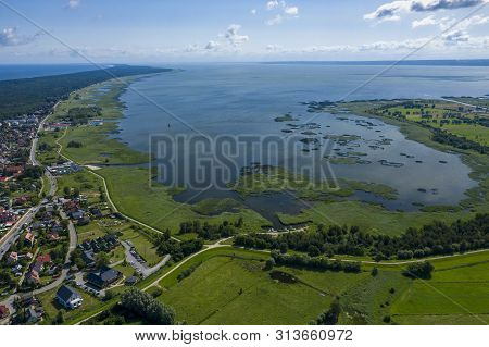 Aerial View Of Vistula Split. Mierzeja Wislana Landscape Park. Photo Made From Above By Drone.