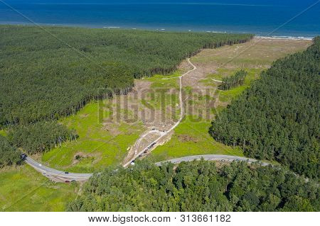 Aerial View Of Vistula Spit, Place For The Future Canal Construction. Photo Made By Drone From Above