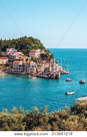 Picturesque Summer View Of Adriatic Sea Coast In Budva Riviera. Przno Village With Buildings On The 