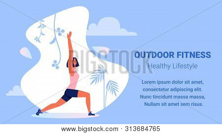 Outdoor Fitness. Healthy Lifestyle. Blue Background And Text. Advertising Image. Slim Woman In Pink 