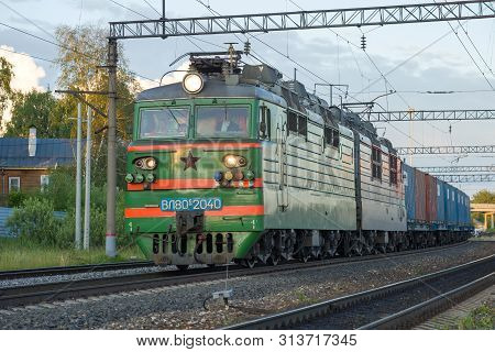 Sharya, Russia - July 03, 2019: Soviet Electric Locomotive Vl-80s With Freight Train Close-up. Shary