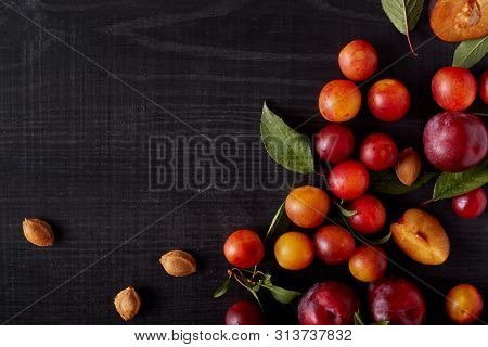 Top View Of Bright Colorful Fruit Lying In Chaotic Order, There Are Several Pits Of Cherry Plums, Cr