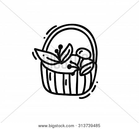 Hand Drawn Vector Doodle Illustration Of Tea Cup. Basket With Burries And Mushrooms Icon Line Symbol