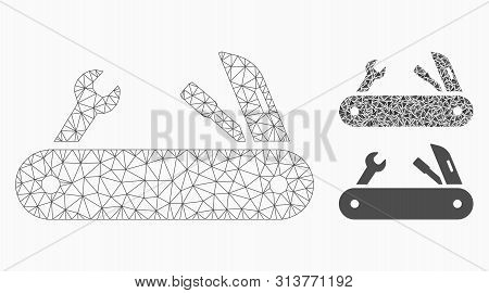 Mesh Multi-tools Knife Model With Triangle Mosaic Icon. Wire Carcass Polygonal Mesh Of Multi-tools K