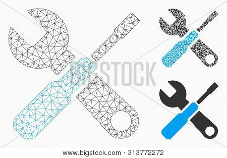 Mesh Tuning Tools Model With Triangle Mosaic Icon. Wire Carcass Triangular Mesh Of Tuning Tools. Vec