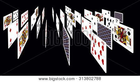 Playing cards in perspective isolated on black background. Original design in three dimensional style