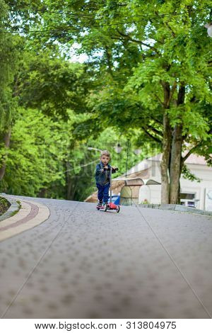 Little Boy Riding Scooter In City Park In Aummer. Kids Sports Outdoors. Happy Child Playing With His