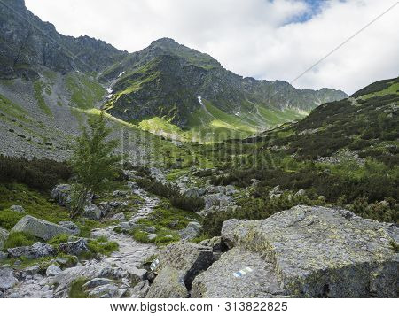 Beautiful Mountain Valley Smutna Dolina With Rock Boulders, Footpath Trail, Dwarf Scrub Pine And Gre