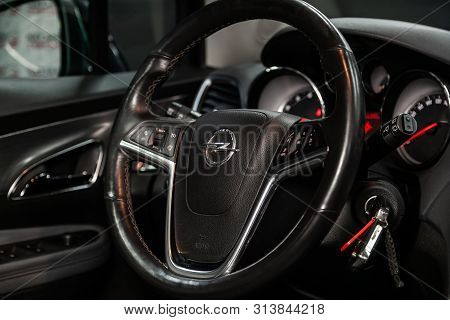Novosibirsk, Russia - July 08, 2019:  Opel Mokka, Close-up Of The Dashboard, Speedometer, Tachometer