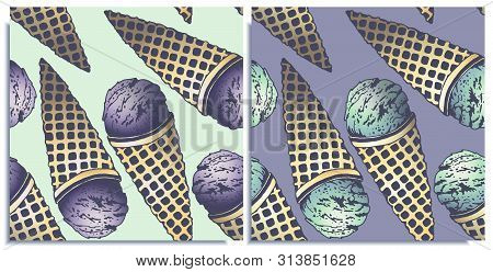 Vector Set Of Seamless Patterns With Wonderful Colorful Ice Cream, Flavor Of Blue Curacao And Strawb