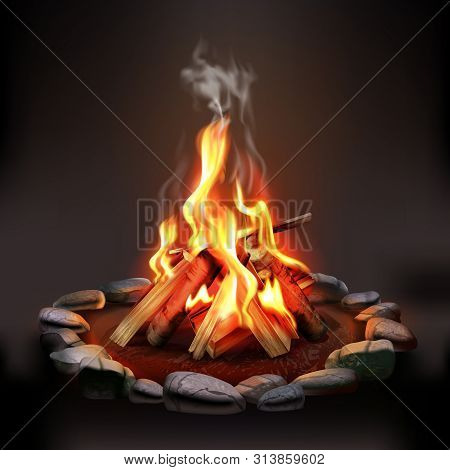 Burning Wood Campfire With Orange Flame Surrounded By Stones On Dark Background Realistic Vector Ill