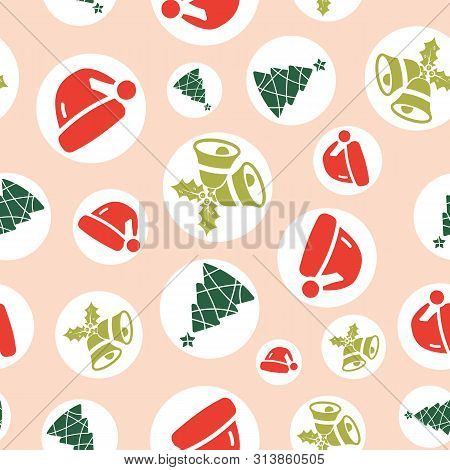 Vector Peach Christmas Elements Seamless Pattern Background In White Circle