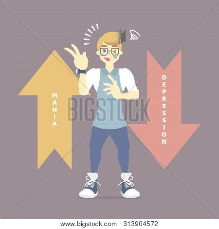 World Bipolar Disorder Day With Man Having Mania And Depression Mood Phase Concept, Vector Illustrat