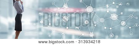 Ommunication Network. Horizontal Panoramic Business Background. Organisational Structure On Virtual 