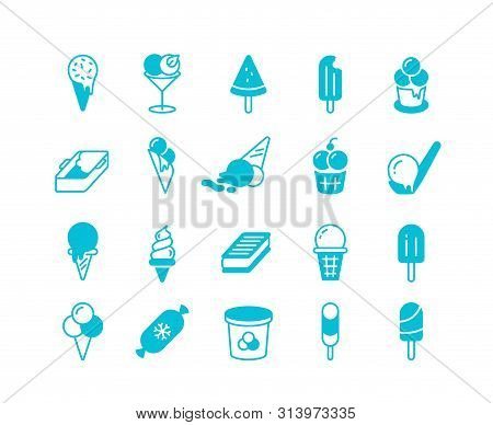 Blue Ice Cream Icons. Simple Flat Set Of Frozen Balls Of Yoghurt Parfait Sorbet. Vector Illustration
