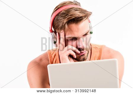 Mp3 Player. Sexy Muscular Man Listen Music On Phone Mp3 Player. Man With Mp3 Player On Phone Isolate