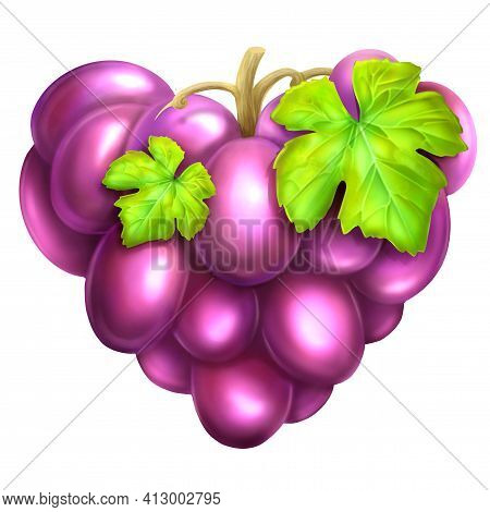 Grapes In The Shape Of Heart. Bunch Of Grapes With Green Leaves Isolated On A White Background For W