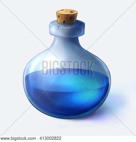 Bottle With Poison. Glass Bottle With Blue Water. Cartoon Game Icon Of Magic Bottle. Chemistry Symbo