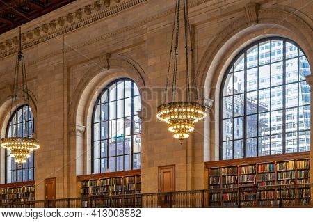 New York, Usa-march 7,2020:view Of The Interior Of Public Library.with 53 Million Items And 92 Locat