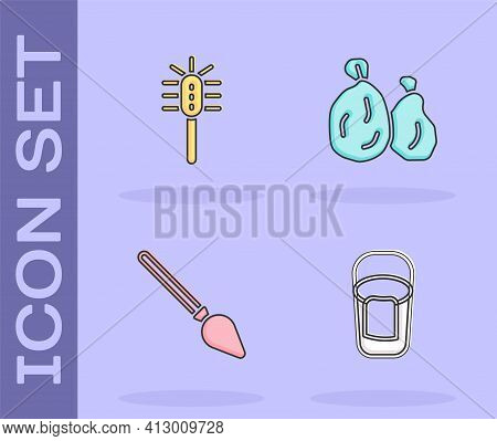 Set Bucket With Rag, Toilet Brush, Handle Broom And Garbage Bag Icon. Vector
