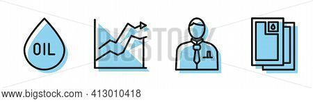 Set Line Businessman Or Stock Market Trader, Oil Drop, Oil Price Increase And Barrel Oil Icon. Vecto
