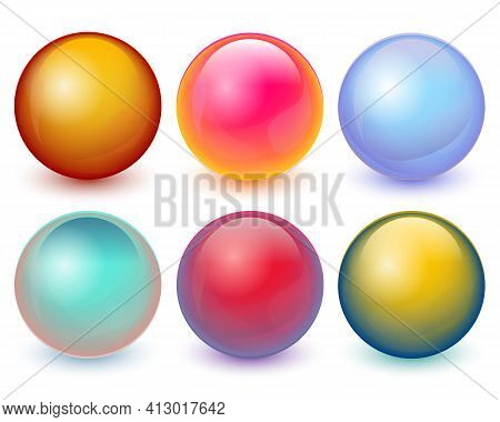Set Of Colored Balls With Glares And Shadows On Transparent Background. Modern Spheres Collection Wi