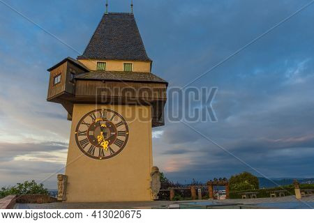 The Famous Clock Tower (grazer Uhrturm) And Gardens On Shlossberg Hill Before Sunrise,in Graz, Styri