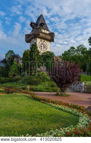 The Famous Clock Tower (grazer Uhrturm) And Gardens On Shlossberg Hill Before Sunrise,in Graz, Styri