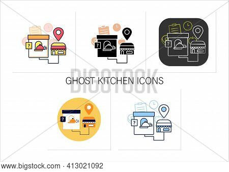 Ghost Kitchen Icons Set. Preparation Delivery-only Meals. Contain Kitchen More Than One Restaurant B
