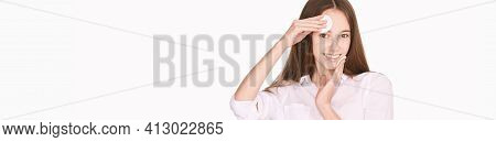 Pretty Girl Indoor Portrait. Light Background. Female Teenager Person. Long Brow Hair. Cleansing Dir