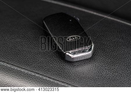 Moscow, Russia - January 10, 2021 Kia Motors Car Keys Close Up View. Kia Company Logo Badge Close Up
