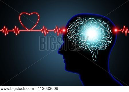 Human Brain And Nerve Or Blood Vessel Concept Illustration In Silhouette Black Head And Neon Red Lig
