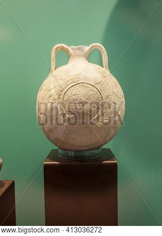 Lisbon, Portugal - March The 1st, 2020: Pilgrim Flask From Khor Fakkan, United Arab Emirates. 15th C