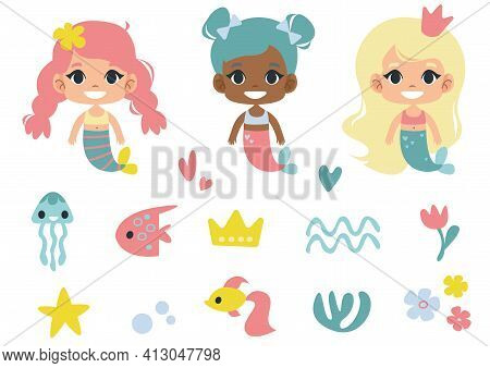 Set Of Vector Mermaids Clipart. Cartoon Illustration In Childish Style. Images Are Isolated On A Whi