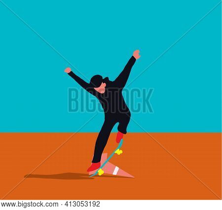 Teenager Skateboarder Does An Ollie Trick. Guys In Casual Clothes Skateboarding And Showing Exciting