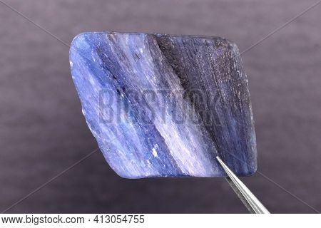Kyanite jewel stone texture in tweezers on black wood background. Macro closeup.
