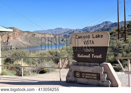 TORTILLA FLAT, ARIZONA - DEC 8, 2016: Canyon Lake Vista. In the Tonto National Forest the lake is formed by the Mormon Flat Dam on the Salt River.