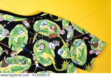 Tyumen, Russia-march 15, 2021: Rick And Morty Multi-colored T-shirt Cartoon Logo
