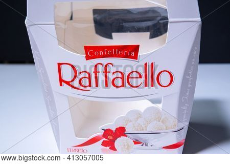 Tyumen, Russia-march 15, 2021: Candy Box Raffaello Close-up Of The Copy Space.