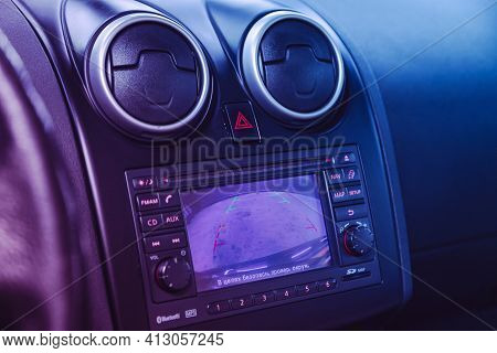 Novosibirsk, Russia - March 16  2021: Nissan Qashqai,  Reverse Camera With Monitor,buttons - Details