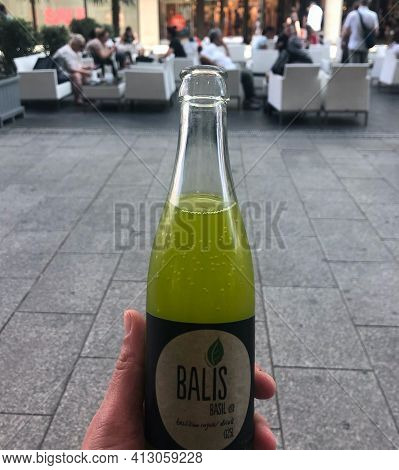 Berlin,germany-june 19,2019:
Part Of The Bottle With Famous Healthy Drink Fresh And Cold Bazil Juice