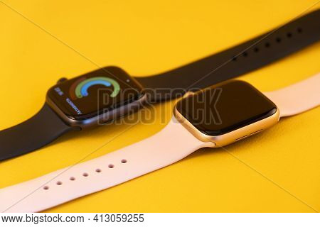 Moscow, Russia March 14, 2021. Apple Watch. Two Pairs Of Apple Brand Electronic Watches. Watch With 