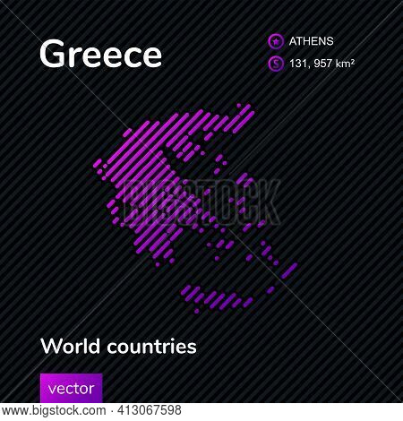Vector Abstract Digita; Neon Map Of Greece With Violet Striped Texture And Striped Dark Background
