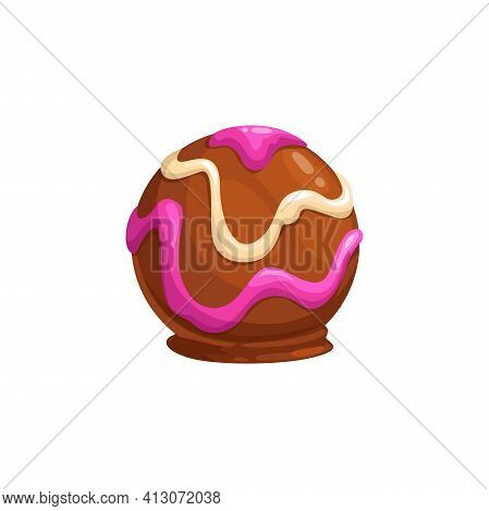 Chocolate Candy, Sweet Dessert Praline In Caramel, Vector Isolated Icon. Chocolate Confection Food, 