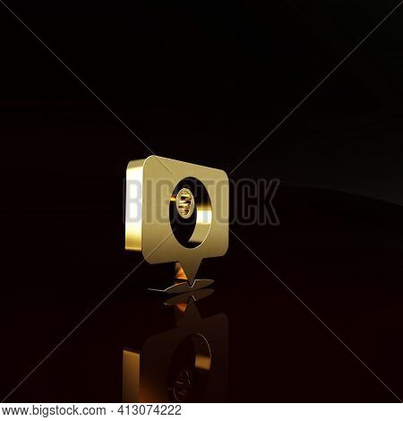 Gold Map Pointer With Billiard Pool Snooker Ball With Number 8 Icon Isolated On Brown Background. Mi