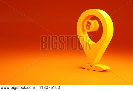 Yellow Map Pointer With Billiard Pool Snooker Ball With Number 8 Icon Isolated On Orange Background.